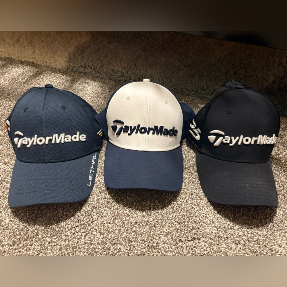 TaylorMade Navy, White, and Black Golf Caps